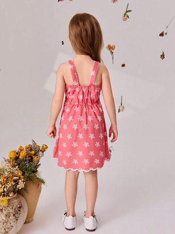Young Girls' Sweet Floral Printed Ruffle Hem Spaghetti Strap Dress, Summer