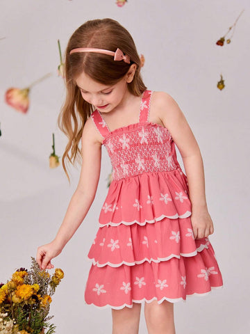 Young Girls' Sweet Floral Printed Ruffle Hem Spaghetti Strap Dress, Summer