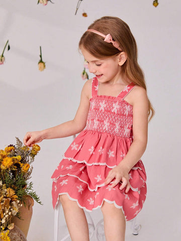 Young Girls' Sweet Floral Printed Ruffle Hem Spaghetti Strap Dress, Summer