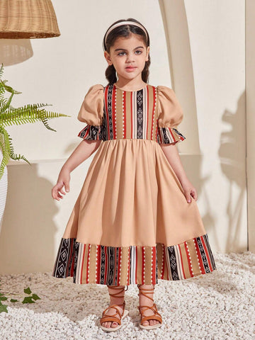 Young Girls' Sweet Round Neck Bubble Sleeve Color Block Mid-Length Dress, Ideal For Vacation
