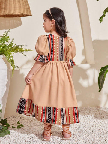 Young Girls' Sweet Round Neck Bubble Sleeve Color Block Mid-Length Dress, Ideal For Vacation