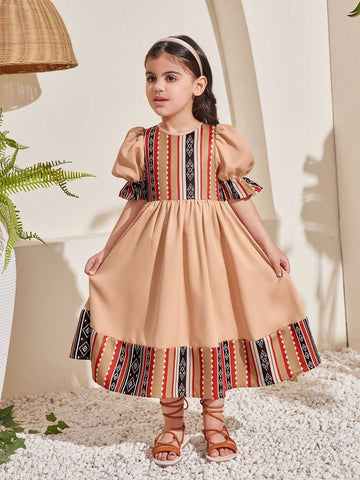 Young Girls' Sweet Round Neck Bubble Sleeve Color Block Mid-Length Dress, Ideal For Vacation