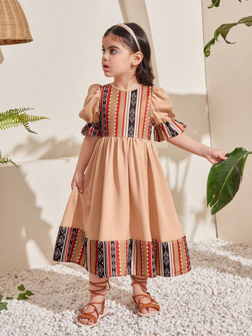 Young Girls' Sweet Round Neck Bubble Sleeve Color Block Mid-Length Dress, Ideal For Vacation