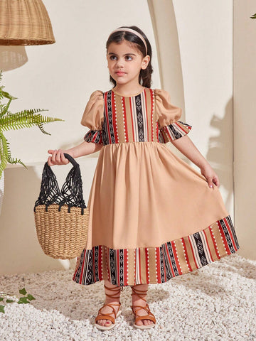 Young Girls' Sweet Round Neck Bubble Sleeve Color Block Mid-Length Dress, Ideal For Vacation