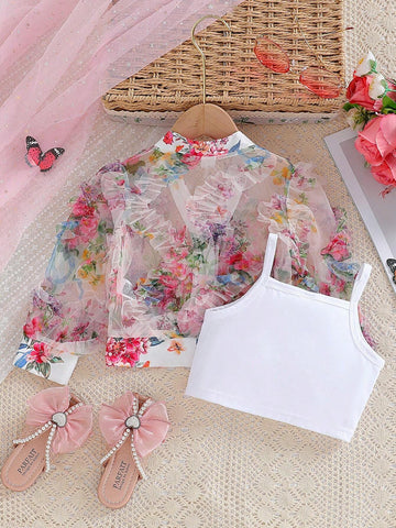 Young Girls Toddler Colorful Dopamine Mexican Children Day V-Neck Sheer Floral Mesh Thin Bubble Sleeve Long-Sleeved Shirt & Single-Breasted Twist-Lock Shirt Dress, Summer