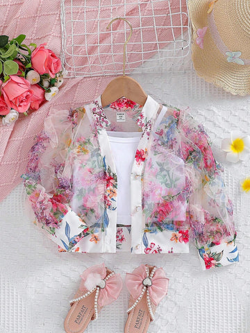 Young Girls Toddler Colorful Dopamine Mexican Children Day V-Neck Sheer Floral Mesh Thin Bubble Sleeve Long-Sleeved Shirt & Single-Breasted Twist-Lock Shirt Dress, Summer