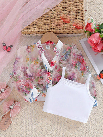 Young Girls Toddler Colorful Dopamine Mexican Children Day V-Neck Sheer Floral Mesh Thin Bubble Sleeve Long-Sleeved Shirt & Single-Breasted Twist-Lock Shirt Dress, Summer