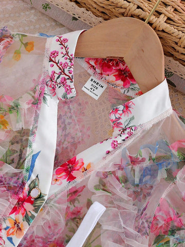 Young Girls Toddler Colorful Dopamine Mexican Children Day V-Neck Sheer Floral Mesh Thin Bubble Sleeve Long-Sleeved Shirt & Single-Breasted Twist-Lock Shirt Dress, Summer