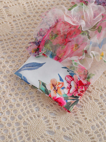 Young Girls Toddler Colorful Dopamine Mexican Children Day V-Neck Sheer Floral Mesh Thin Bubble Sleeve Long-Sleeved Shirt & Single-Breasted Twist-Lock Shirt Dress, Summer