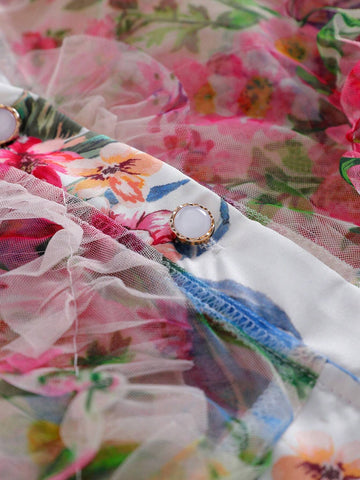 Young Girls Toddler Colorful Dopamine Mexican Children Day V-Neck Sheer Floral Mesh Thin Bubble Sleeve Long-Sleeved Shirt & Single-Breasted Twist-Lock Shirt Dress, Summer