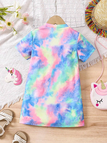 Young Girls Unicorn Print Round Neck Short Sleeve Dress
