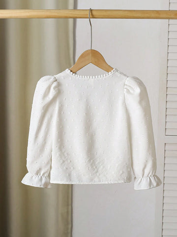 Young Girls V-Neck Solid Color Lace Patchwork Elegant Long Sleeve Blouse