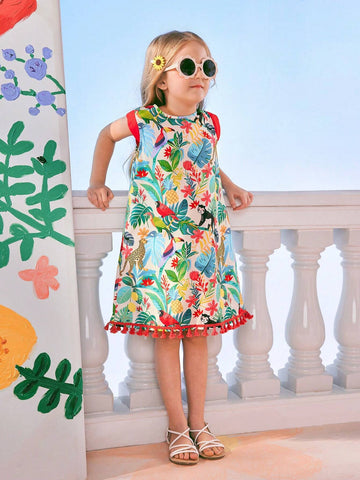 Young Girl's Vacation Casual Colorful Animal And Tropical Plant Printed Sleeveless Dress With Tassel Hemline