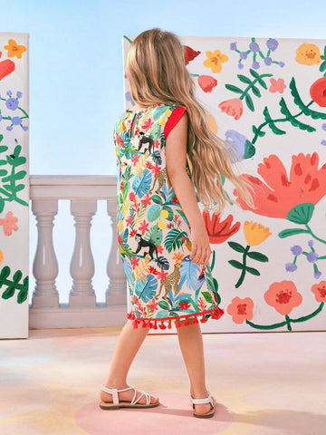 Young Girl's Vacation Casual Colorful Animal And Tropical Plant Printed Sleeveless Dress With Tassel Hemline