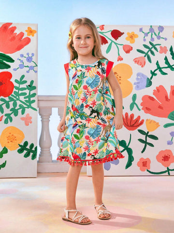 Young Girl's Vacation Casual Colorful Animal And Tropical Plant Printed Sleeveless Dress With Tassel Hemline