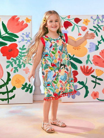 Young Girl's Vacation Casual Colorful Animal And Tropical Plant Printed Sleeveless Dress With Tassel Hemline