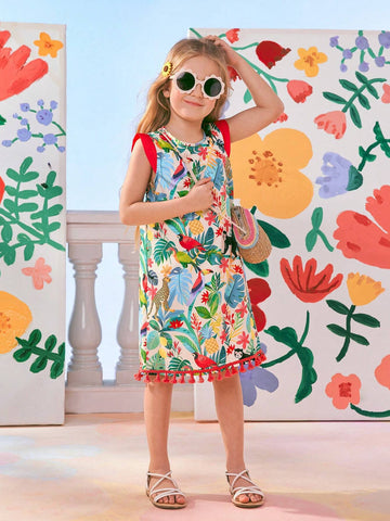 Young Girl's Vacation Casual Colorful Animal And Tropical Plant Printed Sleeveless Dress With Tassel Hemline