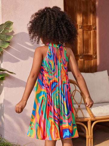 Young Girl's Vacation Spring/Summer Geometric Pattern Woven Pleated Halter Dress