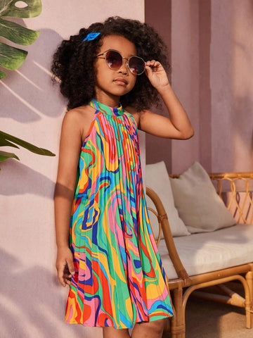 Young Girl's Vacation Spring/Summer Geometric Pattern Woven Pleated Halter Dress