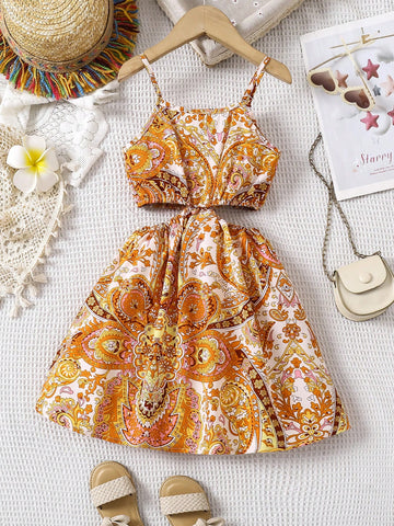 Young Girl's Vintage Print Hollow Strap Vacation Dress