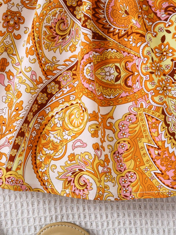 Young Girl's Vintage Print Hollow Strap Vacation Dress