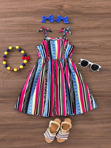 Young Girl's Vintage Striped & Printed Spaghetti Strap Dress For Summer Vacation