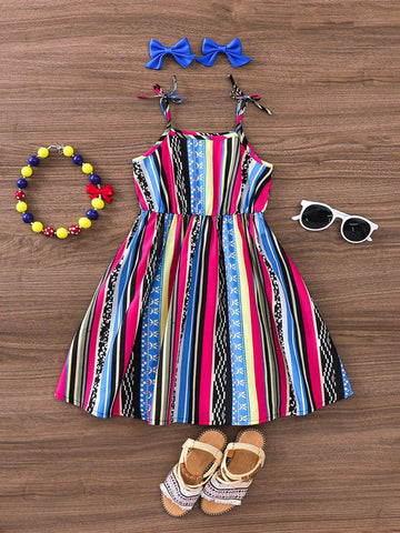 Young Girl's Vintage Striped & Printed Spaghetti Strap Dress For Summer Vacation