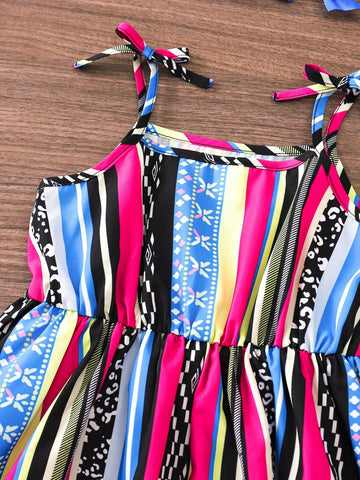 Young Girl's Vintage Striped & Printed Spaghetti Strap Dress For Summer Vacation