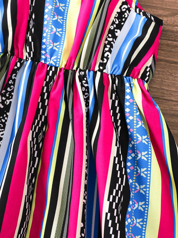 Young Girl's Vintage Striped & Printed Spaghetti Strap Dress For Summer Vacation