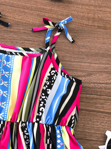 Young Girl's Vintage Striped & Printed Spaghetti Strap Dress For Summer Vacation