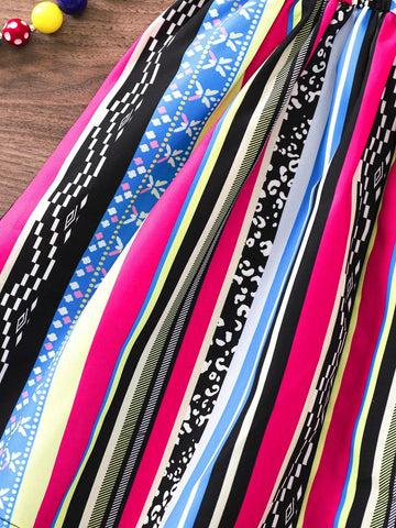 Young Girl's Vintage Striped & Printed Spaghetti Strap Dress For Summer Vacation