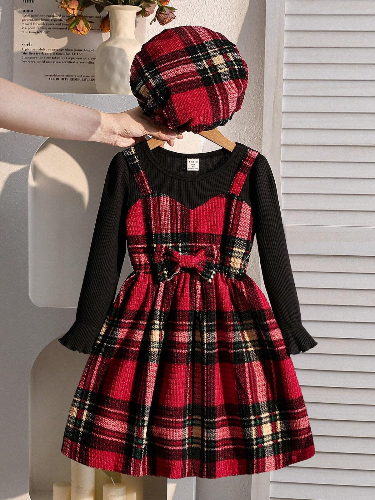 Young Girls Vintage Style Black Knitted Round Neck Long Sleeve Faux Two-Piece Plaid Waisted A-Line Midi Dress, Spring & Autumn