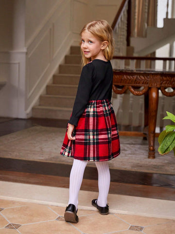 Young Girls Vintage Style Black Knitted Round Neck Long Sleeve Faux Two-Piece Plaid Waisted A-Line Midi Dress, Spring & Autumn