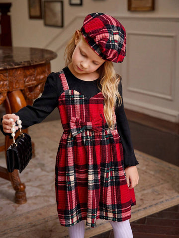 Young Girls Vintage Style Black Knitted Round Neck Long Sleeve Faux Two-Piece Plaid Waisted A-Line Midi Dress, Spring & Autumn