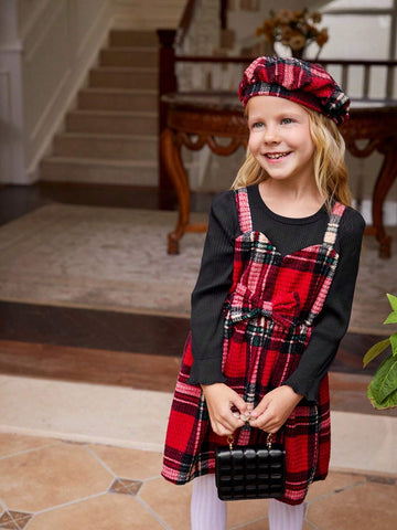 Young Girls Vintage Style Black Knitted Round Neck Long Sleeve Faux Two-Piece Plaid Waisted A-Line Midi Dress, Spring & Autumn