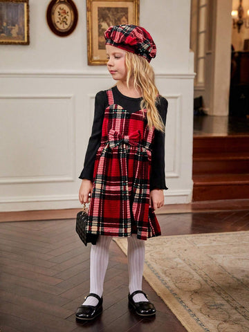 Young Girls Vintage Style Black Knitted Round Neck Long Sleeve Faux Two-Piece Plaid Waisted A-Line Midi Dress, Spring & Autumn