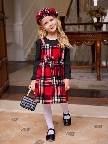 Young Girls Vintage Style Black Knitted Round Neck Long Sleeve Faux Two-Piece Plaid Waisted A-Line Midi Dress, Spring & Autumn