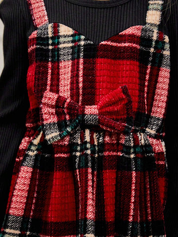 Young Girls Vintage Style Black Knitted Round Neck Long Sleeve Faux Two-Piece Plaid Waisted A-Line Midi Dress, Spring & Autumn