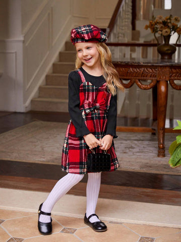 Young Girls Vintage Style Black Knitted Round Neck Long Sleeve Faux Two-Piece Plaid Waisted A-Line Midi Dress, Spring & Autumn