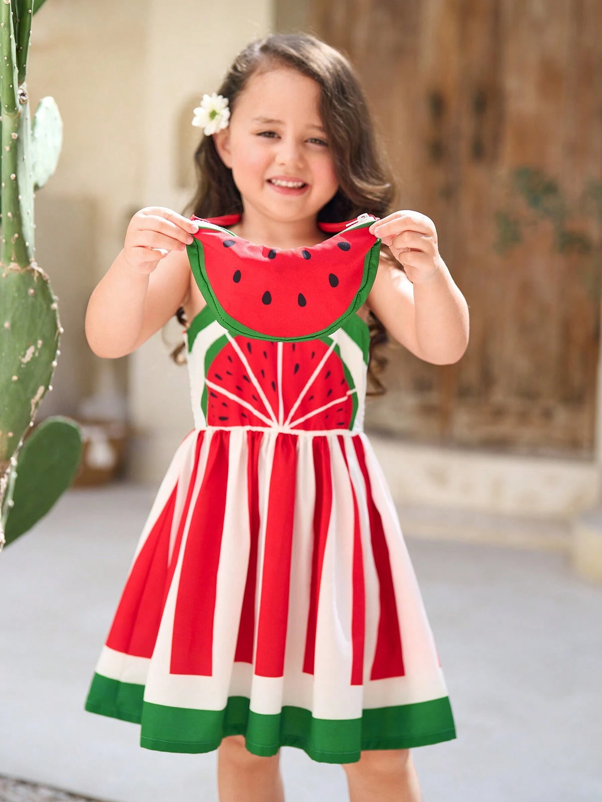 Young Girls' Watermelon Printed Dress For Summer Vacation