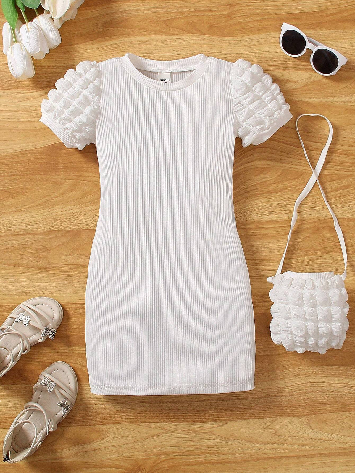 Young Girls' White Knitted Dress With Bubble Sleeves, Hollow Strap & Purse, Suitable For Parties & Birthdays, Fit For Summer