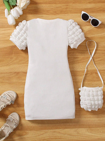 Young Girls' White Knitted Dress With Bubble Sleeves, Hollow Strap & Purse, Suitable For Parties & Birthdays, Fit For Summer