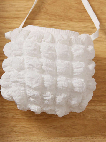 Young Girls' White Knitted Dress With Bubble Sleeves, Hollow Strap & Purse, Suitable For Parties & Birthdays, Fit For Summer