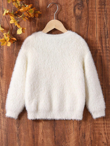 Young Girls White Sweater With Bow, Floral And Sequin Decoration, Made Of Soft Faux Fur Material