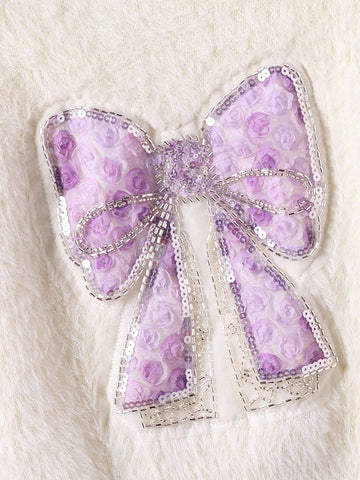 Young Girls White Sweater With Bow, Floral And Sequin Decoration, Made Of Soft Faux Fur Material