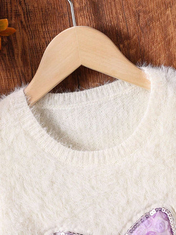 Young Girls White Sweater With Bow, Floral And Sequin Decoration, Made Of Soft Faux Fur Material