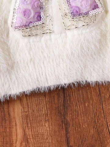 Young Girls White Sweater With Bow, Floral And Sequin Decoration, Made Of Soft Faux Fur Material