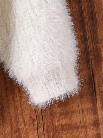 Young Girls White Sweater With Bow, Floral And Sequin Decoration, Made Of Soft Faux Fur Material