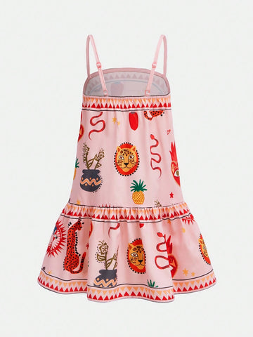 Young Girls Woven Casual Dress With Cute Graffiti Print