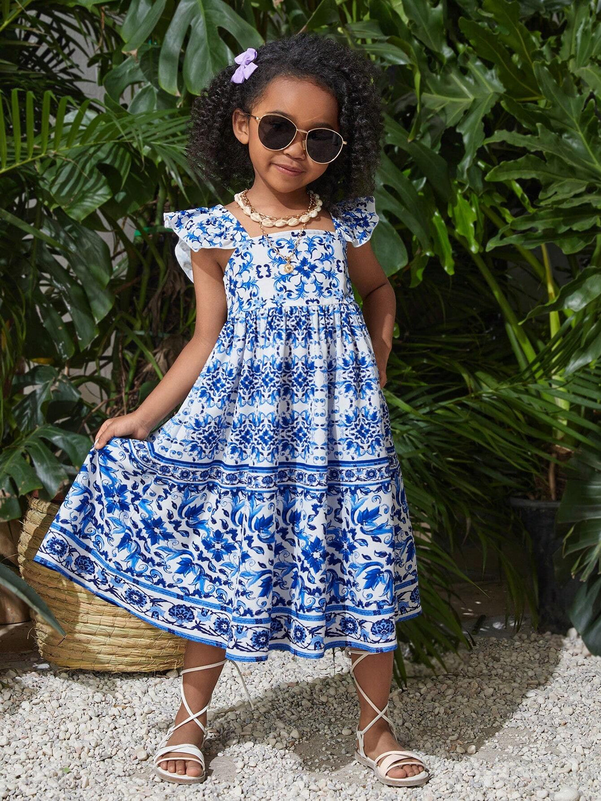 Young Girl's Woven Floral Square Neck Ruffle Trimmed Casual Dress